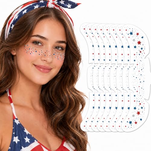 Artlunar 8 Pcs Red White Blue Star Freckle Stickers with Silver Glitter Powder for Face 4th of July Glitter Face Stickers for Women Kids Patriotic Independence Day Makeup Accessories