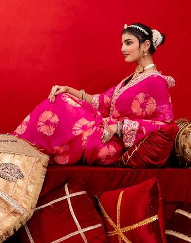 Image of SIRIL Women's Georgette Bandhani Printed Embroidery Lace Saree With Unstitched Blouse Piece