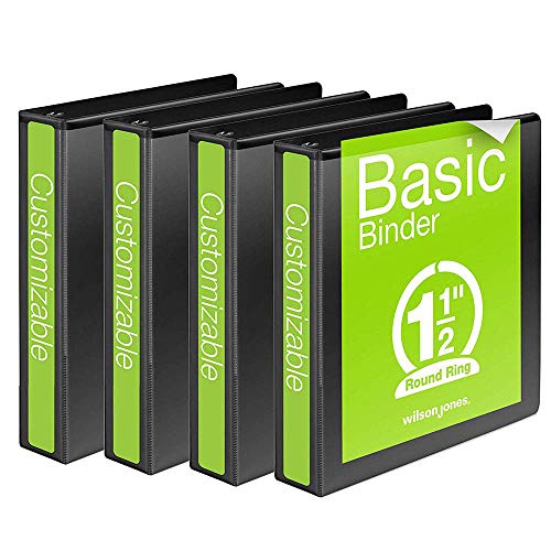 Wilson Jones 1-1/2 Inch 3 Ring Binder, Basic Round Ring View Binder, Black, 4 Pack (W70362-34BPP)