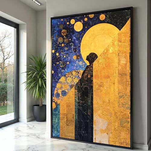 Toile cosmique silhouette abstraite pour décoration galaxie bleu et or de chambre