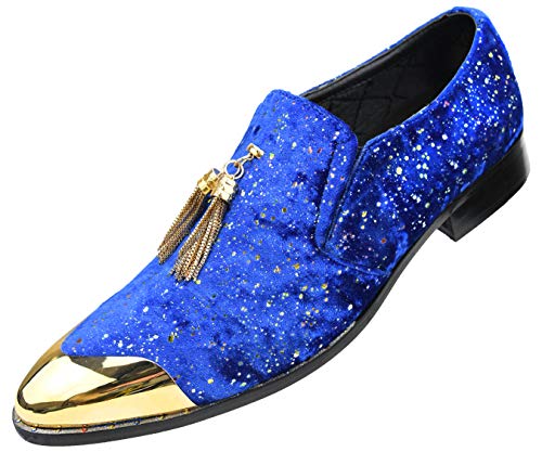 Amali Chaz, Men's Slippers - Loafers Men Slip on Shoes - Mens Casual Shoes - Man Made Velvet, Tuxedo Shoes - Metal Gold Chain Tassel & Gold Metal Tip, Dress Shoes, Royal Blue Size 13