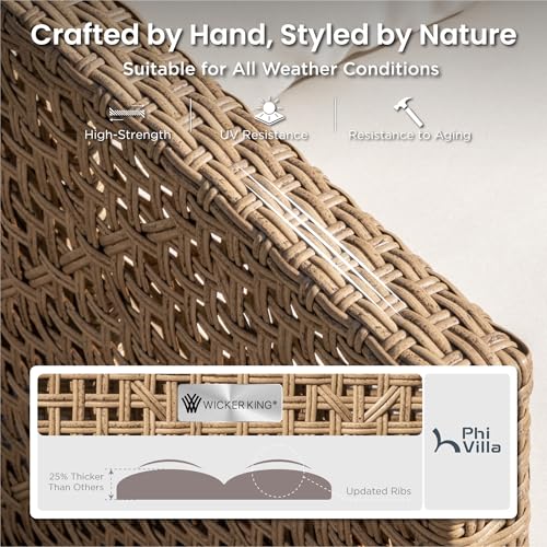 Image of PHI VILLA Outdoor Sectional Couch, Wicker Patio Furniture Set with Acacia Wood Coffee Table, L-Shape Small Outdoor Conversation Corner Sofa Set for Deck Porch, Beige