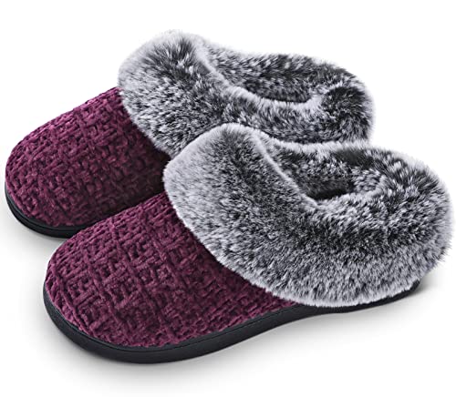 Women's House Slippers with Fuzzy Plush Faux Fur Collar, Memory Foam Slip on House Shoes with Indoor Outdoor Anti-Skid Rubber Sole, Purple, 7-8