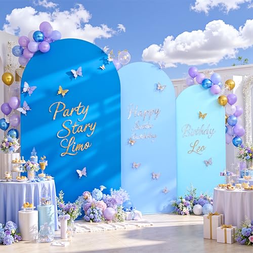 Image of 3-Pack Shades of Blue Chiara Arch Backdrop Covers, Royal & Baby Blue Spandex Covers for 6ft 6.6ft 7.2ft Frames, Stretchable Fabric for Boy Baby Shower, Birthday, Wedding (Covers Only)