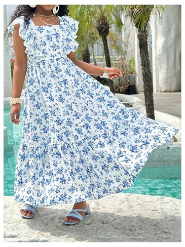Girl's Floral Maxi Dress Boho Bowknot Ruffle Cap Sleeve Vacation Flowy Dresses2