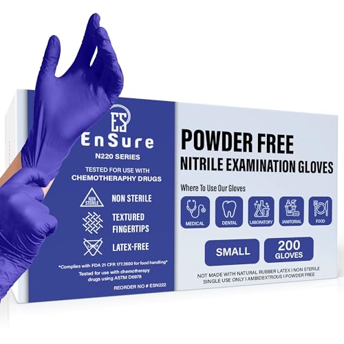 EnSure Nitrile Exam Gloves, Powder-Free, Latex-Free, Chemo Rated, Non-Sterile, Light Duty, Textured Tips, Medical, Surgical, Food Safe, Cleaning, Dental, Lab Use - 3 Mil (Small, 200 Count)