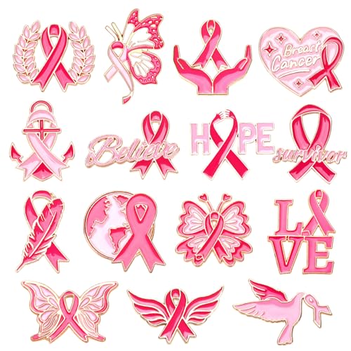 SANNIX Breast Cancer Awareness Pins, 15Pcs Pink Ribbon Lapel Pins Breast Cancer Brooch Badge for Breast Cancer Survivor Month Clothing Bag Hat Accessories SANNIX Breast Cancer Awareness Pins, 15Pcs Pink Ribbon Lapel Pins Breast Cancer Brooch Badge for Breast Cancer Survivor Month Clothing Bag Hat Accessories