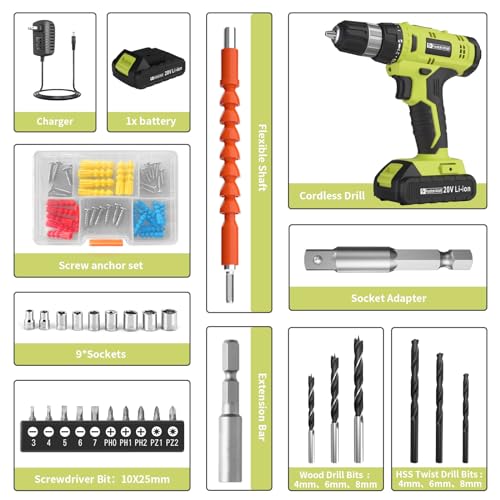 Image of FADAKWALT Cordless Drill Set, 20V Electric Power Drill with Battery And Charger, Torque 30N, 21+1 Torque Setting, 3 /8-Inch Keyless Chuck, LED Work Light, Complete Drill & Driver Bits Kit(green)