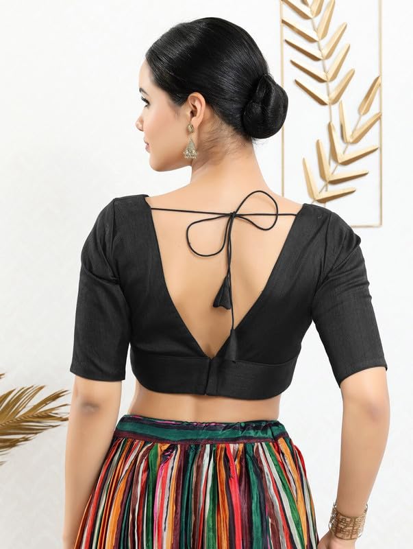 Image of Dupion Silk Solid Non Padded Saree Blouse Top V-Neck Short Sleeves Hook and Eye Closure and Tie-Up Back Choli