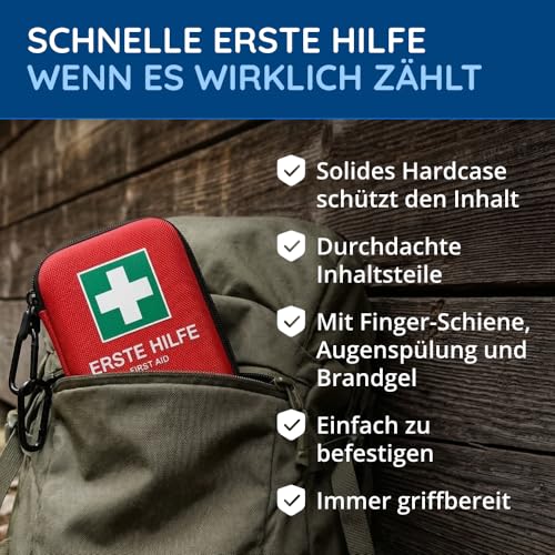 FLEXEO Erste Hilfe Set “Traveller” | 50-teilig | Inkl. Brandgel, Augenspülung, Fingerschiene | im Hardcase mit Karabinern | Ideal für Outdoor, Reisen, Fahrrad & Sport