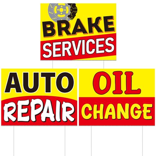 Fiwochic 3 Set Auto Repair Shop Oil Change Brake Service Yard Sign 15.8 x 11.8 ft with Ground Stake...