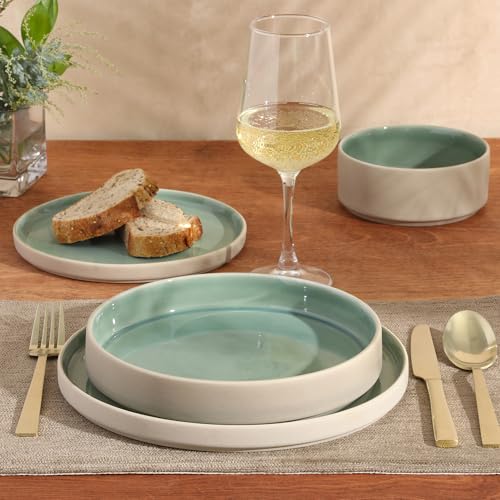 Image of Gibson Elite Liberty Bay 16-Piece Pottery Clay Stoneware Dinnerware Set - Mint Green Reactive Glaze, Stackable Plates and Bowls W /Pasta Bowl, Service for 4 - Microwave & Dishwasher Safe