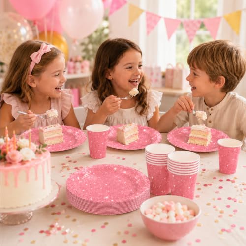 Image of Rozi Decoration Pink Sparkle Party Paper Plates and Cups Set - 10 Plates & 10 Cups | Elegant Disposable Tableware for Birthday, Baby Shower, Girls Party & Celebration Decor