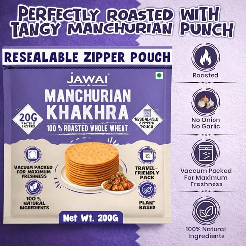 Image of JAWAI ROASTED WHOLE WHEAT Manchurian KHAKHRA COMBO KHAKRA- High Protein Healthy Snack, Diet-Friendly, Tea Time Snacks, Vacuum Packed Indian Snacks Pack of 4-200 Grams Each
