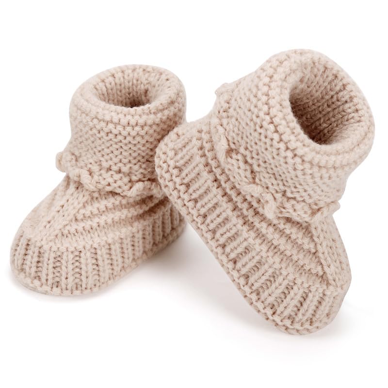 KARUNEL Baby Booties Newborn Hand Crochet Knit Cotton Bootie Cozy Warm Soft Sock Shoes for Infant Boys Girls Camel 0-6 Months