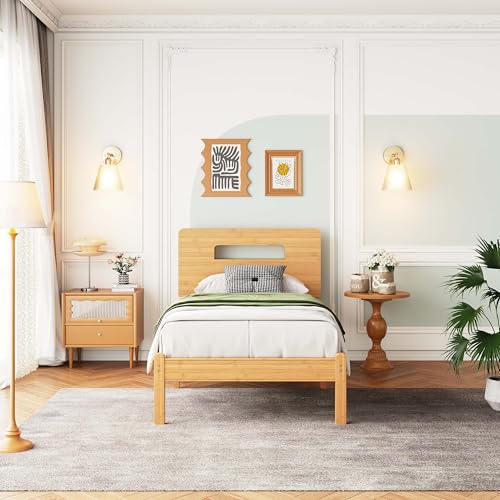 Image of ZIYOO Twin XL Bamboo Bed Frame 14 Inch, Built-in Headboard Storage, Heavy Duty, No Box Spring Needed, Easy Assembly, Noise-Free
