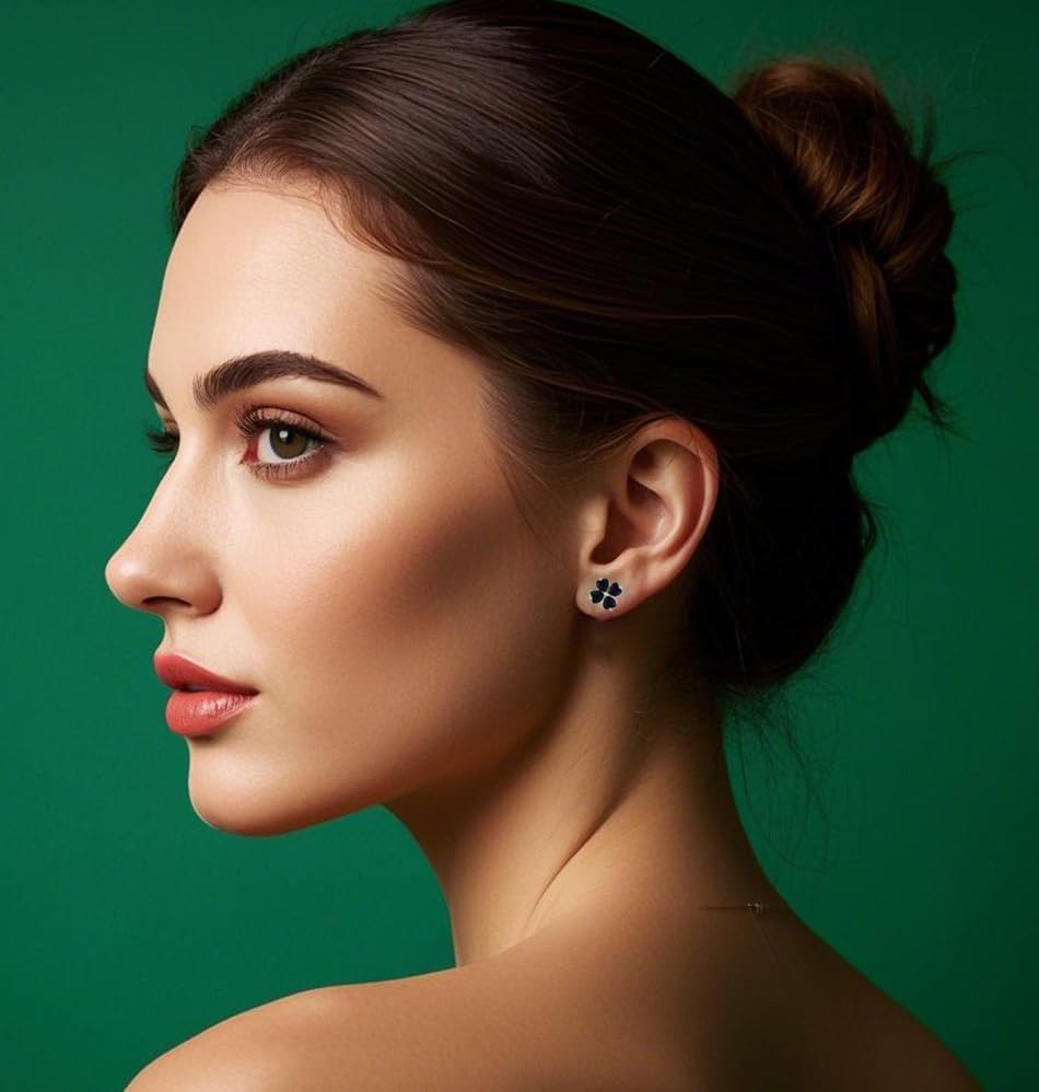 Reffeer Solid 925 Sterling Silver CZ Four Leaves Clover Earrings Studs for Women Teen Girls Heart Cut Black Clover Studs Earrings Leaf - Image 2