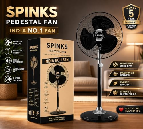 Image of SPINKS Pedestal Fan 400mm High Speed | 2400 RPM Bullet Fan | Powerful Air Throw Cooling Fan | Stand Fan for Home, Office & Shop | Adjustable Height | Heavy Duty Motor | 5 Year Warranty | Black