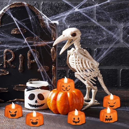Image of Halloween Flameless Candles with 6H Timer, Pumpkin Tea Lights with Ghost Face Flickering, LED Candles Battery Operated Fall Decor 6 Pack Φ 1.9 inch H 1.6 inch for Halloween Decorations