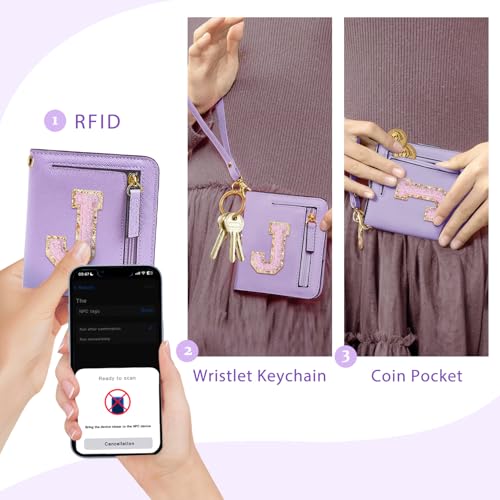 Image of COSHAYSOO Initial Wallet RFID Small Bifold Slim Letter Wallet for Women Teenager Girls Travel Daily Necessities Credit Cards Money Cash Coin Organizer, Lavender, Compact, J