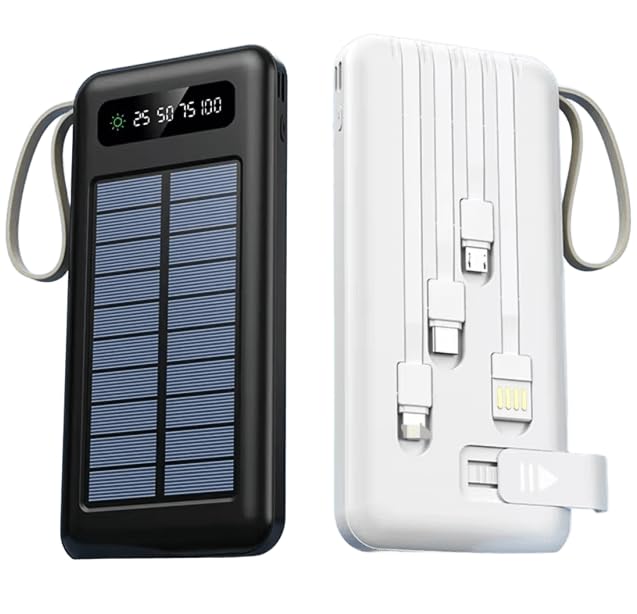Carregador Portátil Power Bank Solar 10.000mah Com cabos 5 Em1 LED lanterna embutida - Compatível com Iphone e outros celulares (Cor Aleatória Preto ou Branco)