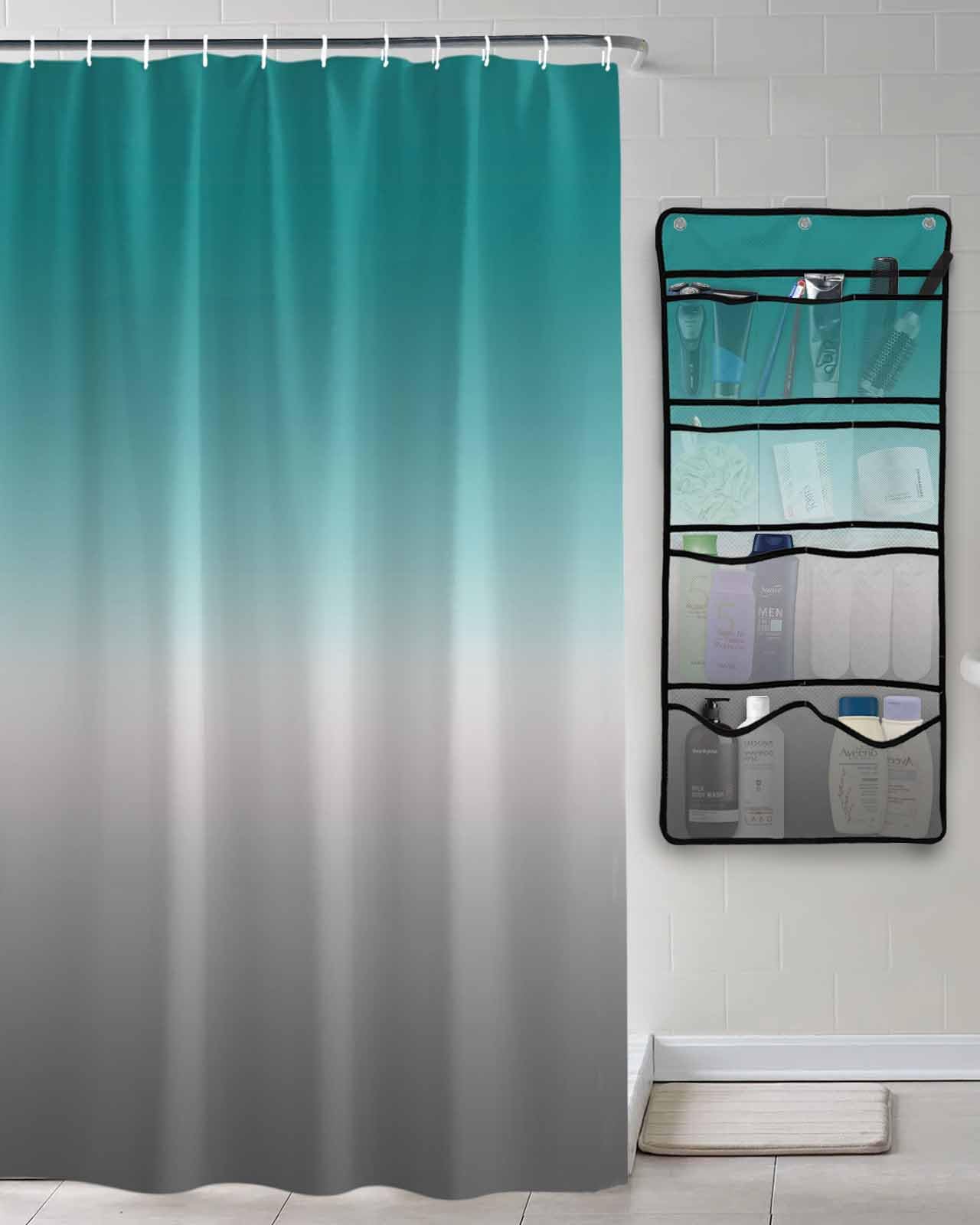 Shower Curtain Mesh Shower Organizer Hanging Set Cyan Turquoise Gray Gradient Waterproof Shower Curtains with 10 Pockets Quick