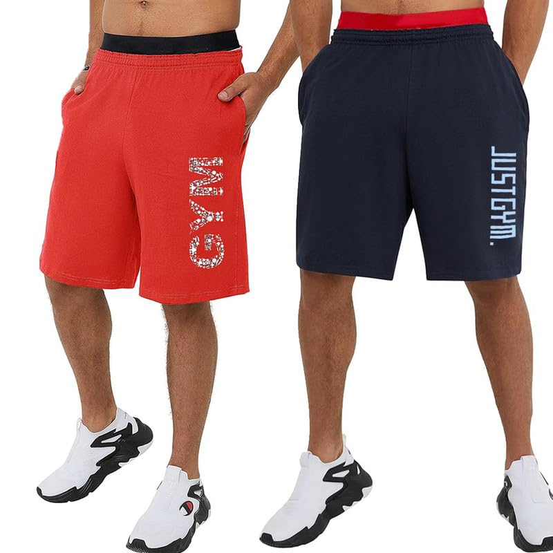 hotfits Men’s Casual Cotton All Season Regular Shorts, Workout Shorts, Elastic Waist Running Shorts with Pockets Pack of 2