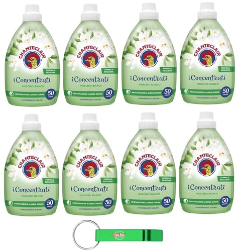 8x Chanteclair I Concentrati - Ammorbidente Concentrato, Fragranza Muschio Bianco, per Capi Morbidi e Profumati - 50Lavaggi 1Lt + Portachiavi Beni Culinari in Omaggio