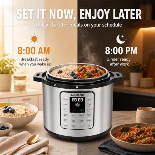 Image of CARORI 8Qt 12-in-1 1200W Stainless Steel Pressure Cooker,Quick Meals, Time-Saving, Healthy, Convenient & Efficient - with Safer Venting & Recipe Book, Silver