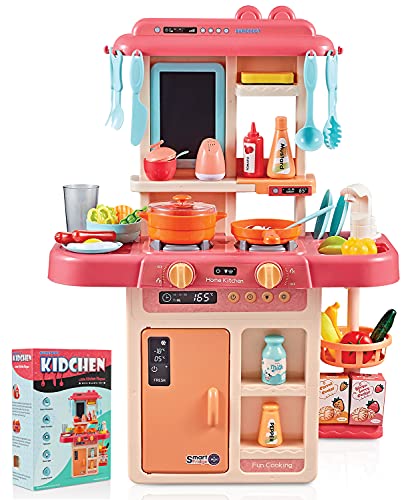 Surefect - Kitchen Play Set with Accessories- Mini Kitchen Set with Realistic Light Sound Steam Simulation- Indoor Games Kitchen Cooking Playset with Water Outlet- Toys for Toddlers Children & Girls
