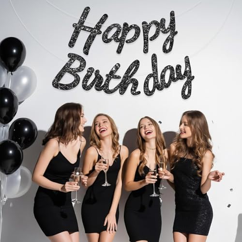 Image of Rozi Decoration Happy Birthday Banner Black Glitter Decoration - Reusable Cursive Letter Party Garland for Birthday Decor, Men Women Kids Adults, Happy Birthday Cursive Banner Pack of 1 Set