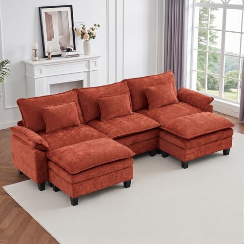 Image of IPKIG 117 inch Modular Cloud Couch with Storage, U Shaped Sectional Sofa with Ottoman & Pillow, Chenille Deep Seat Sectional Couches for Living Room, Apartment, Orange
