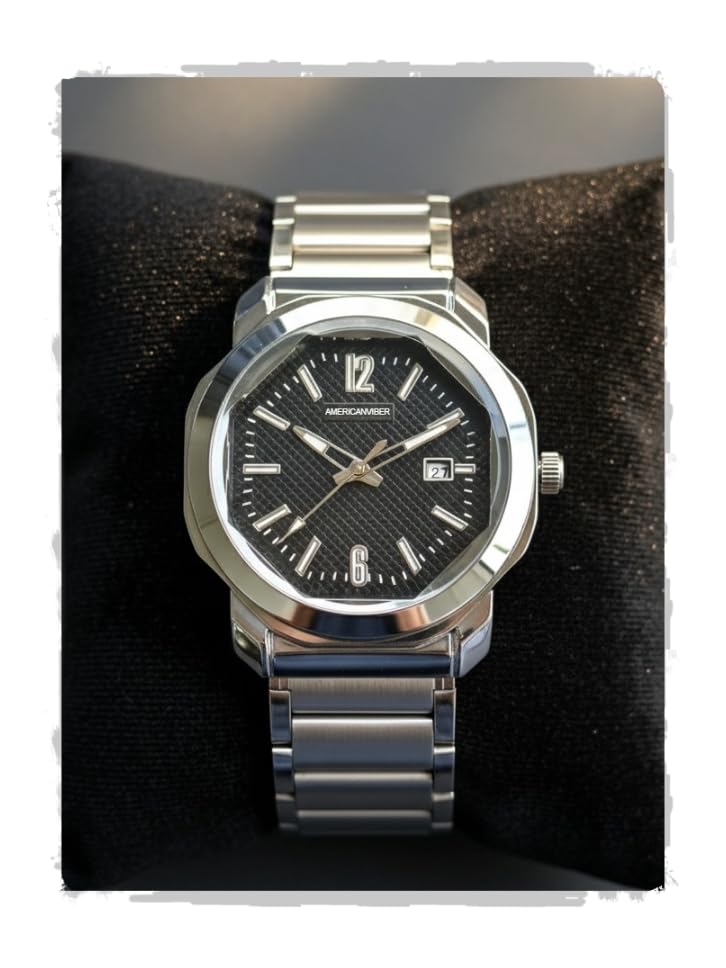 Image of AMERICANVIBER Men's Stainless Steel Watch, White Textured Dial, Analog Quartz Movement, Date Display, Water-Resistant, Silver Tone Bracelet for Men