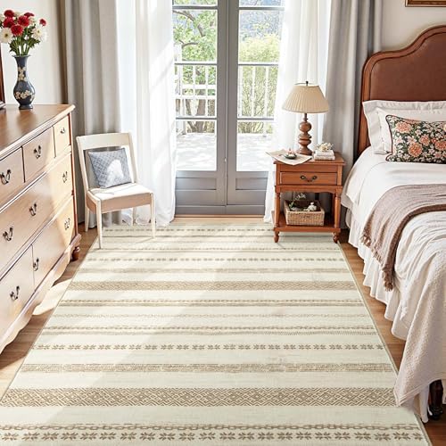 Boho 4x6 Area Rug – Machine Washable, Non-Slip, Beige