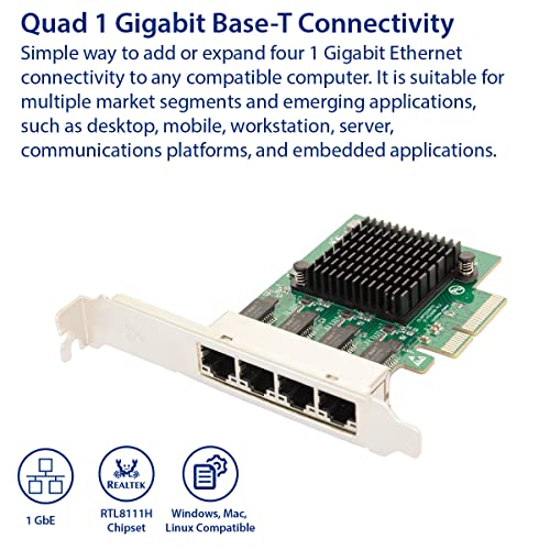 IO CREST 4 Port Quad Gigabit Ethernet PCI Express 2.1 PCI-E x4 Network Interface Card (NIC) 10/100/1000 Mbps Realtek Chipset SI-PEX24085 - Image 2