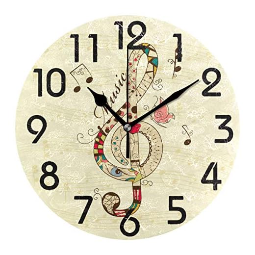 Naanle Chic Treble Clef Pattern Musical Note Print Round Wall Clock, 9.5 Inch Battery Operated Quartz Analog Quiet Desk Clock for Home,Office,School