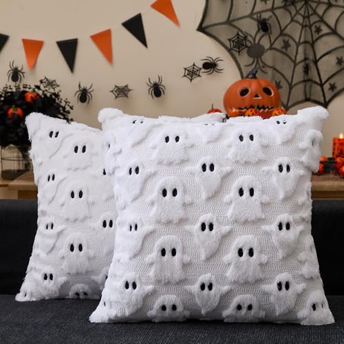 YOSICHY Halloween Decorations Outdoor Pillow Covers 18x18 inch Set of 2 White Ghost Throw Pillow Cases Soft Plush Faux Fur Wool Decorative Cushion Case for Sofa Couch Bed Chair Living Room Home Decor