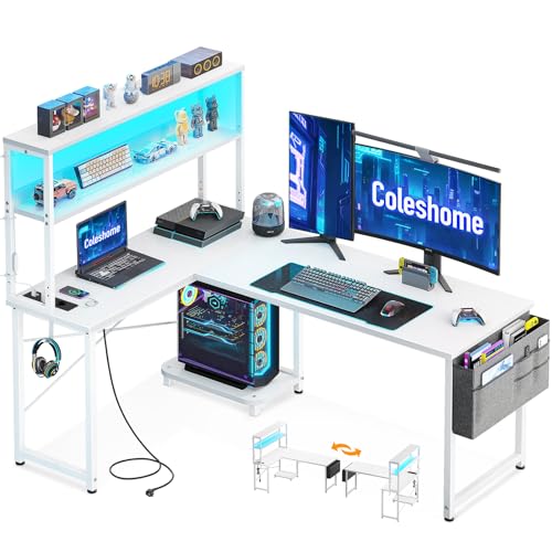 Coleshome Gaming Tisch L Form mit LED & Steckdosen, 135 × 100 cm Reversibel Gaming Schreibtisch mit Ablageregalen, Eckschreibtisch mit Aufbewahrungstasche für Homeoffice und Gaming, Weiß