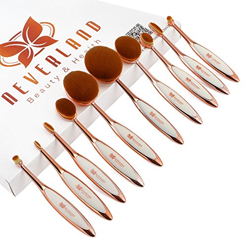Neverland Beauty Deluxe 10pcs Rose Gold Toothbrush Oval Make-up Brushes Set Elite Powder Foundation Contour Makeup Brush with Case Box