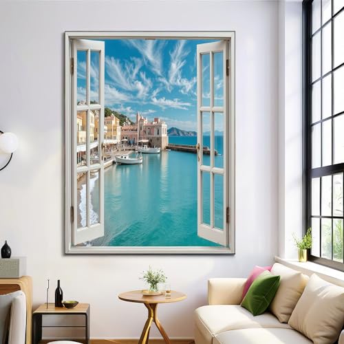 GDJSMIN Cuadros Decoracion Salon Paisaje Costero, 50×70 Cm Grandes Laminas Decorativas Pared Dormitorios, Lienzos Decorativos Pared Ventana Realista Con Agua De Mar Azul,Wall Art Comedor Pasillo Baño