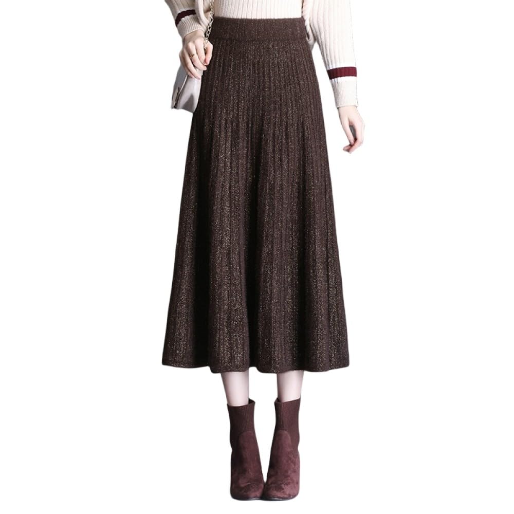 Marrón Falda De Punto Difusa Faldas Midi Plisadas para Mujer, Falda Vintage De Cintura Alta, Falda De Punto Brillante, Falda Larga Cálida De Otoño E Invierno para Damas Y Niñas