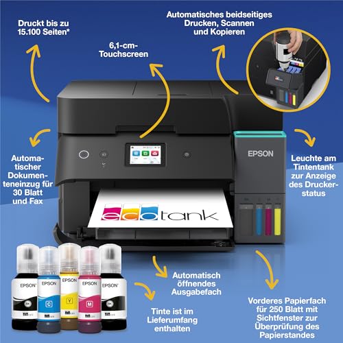 Epson EcoTank ET-4950 pisač sa spremnikom za tintu | za kućni ured | WiFi & Ethernet | A4 | (Duplex) ispis, skeniranje, kopiranje, faksiranje | Zaslon osjetljiv na dodir od 6,1 cm | ADF | Uključuje tintu do 3 godine