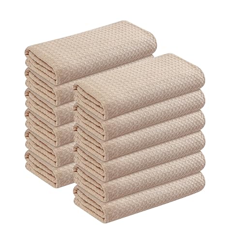 Image of Beige Waffle Kitchen Dish Towels, 100% Cotton, Quick Dry, Super Absorbent, Soft, Lint-Free, 16x26 Inches - Ideal for Dish Drying, Bar, Tea, Cleaning, and Everyday Use, 12 Pack, Tan