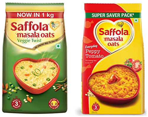 Image of Saffola Masala Oats, Veggie Twist, 1 kg + Saffola Masala Oats, Peppy Tomato, 500g