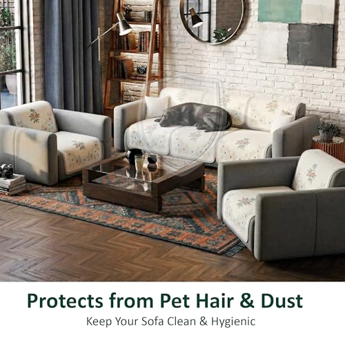 Image of Kuber Industries 5 Seater Sofa Cover | Slipcover for Living Room | Thick & Cozy | Non-Slip Comfort Sofa Cover Set | Painting Delta 1380 - Cream