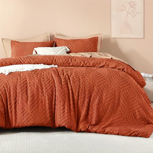 Image of Litanika Burnt Orange King Size Comforter Set,3 Pieces Terracotta Tufted Boho Farmhouse Bedding Comforter Sets,Lightweight Fluffy Comforter Bed Set for All Season (104x90In Comforter & 2 Pillowcases)