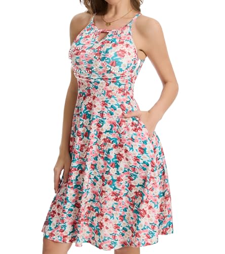 Image of ANYFITTING Built in Bra Halter Dresses for Women 2026 Summer Pockets Dress Flowy Midi Sundresses Beach Vacation