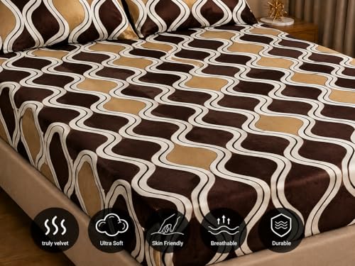 Image of Warm Flannel (Flano) King Size 345 TC Winter Fitted Bedsheet | All Side Elastic Premium Winter Soft Velvet Furnishing Bed Sheet with 2 Big Pillow Cover Size - 72 x 78 X 8 Inches Camel Brown