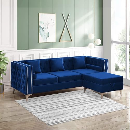 Image of 3 Seater Chesterfield Sofa with Chaise Lounge, Couches for Living Room, L-Shaped Couch with Storage Ottoman, Sectional Couch for Small Living Room, ((Velvet Blue)