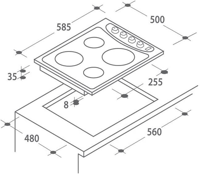 Installation diagram with dimensions for Candy PLE 64 X cooktop